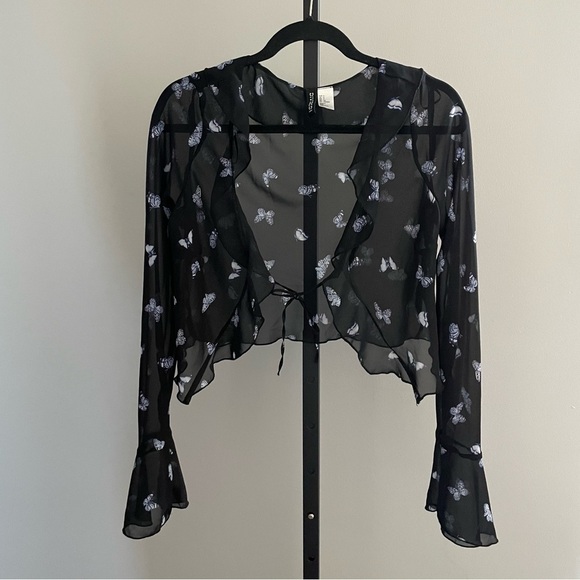 H&M Divided Black Blue Butterfly Sheer Flounce-Trimmed Chiffon Blouse Size Small - Picture 4 of 5